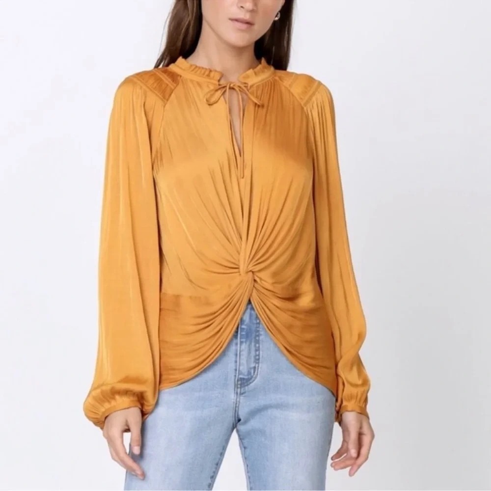 Anthropologie Current Air Top L‎ Gold Twist Front Boho Blouse Ruffle Neck Satin